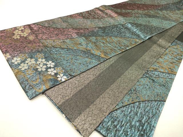 平和屋着物▼両面 六通柄袋帯 よろけ縞 舞桜 金糸 正絹 逸品 DABJ7280fe