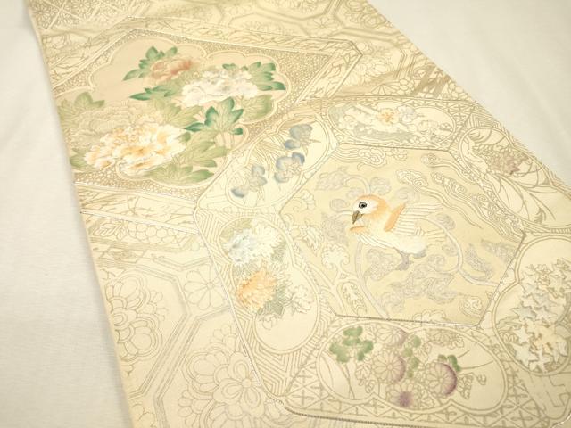 平和屋着物▼太鼓柄袋帯 駒刺繍 蜀江花鳥文 銀彩 正絹 逸品 DABJ7291fe
