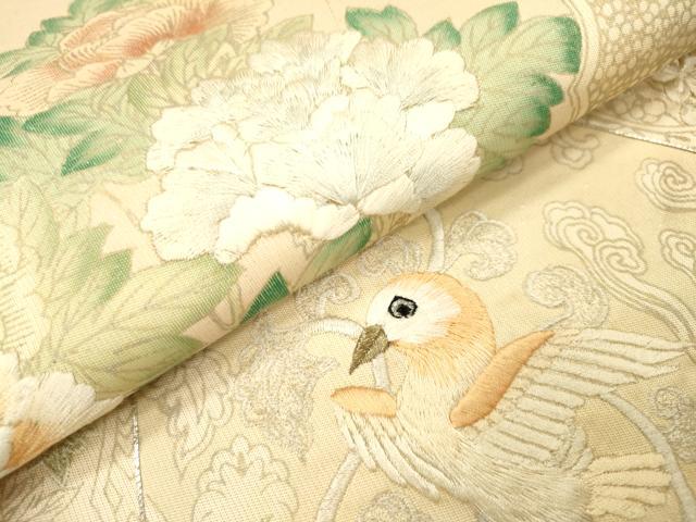 平和屋着物▼太鼓柄袋帯 駒刺繍 蜀江花鳥文 銀彩 正絹 逸品 DABJ7291fe