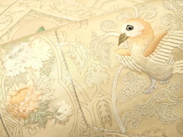 平和屋着物▼太鼓柄袋帯 駒刺繍 蜀江花鳥文 銀彩 正絹 逸品 DABJ7291fe