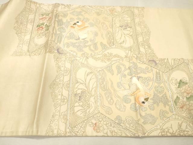 平和屋着物▼太鼓柄袋帯 駒刺繍 蜀江花鳥文 銀彩 正絹 逸品 DABJ7291fe