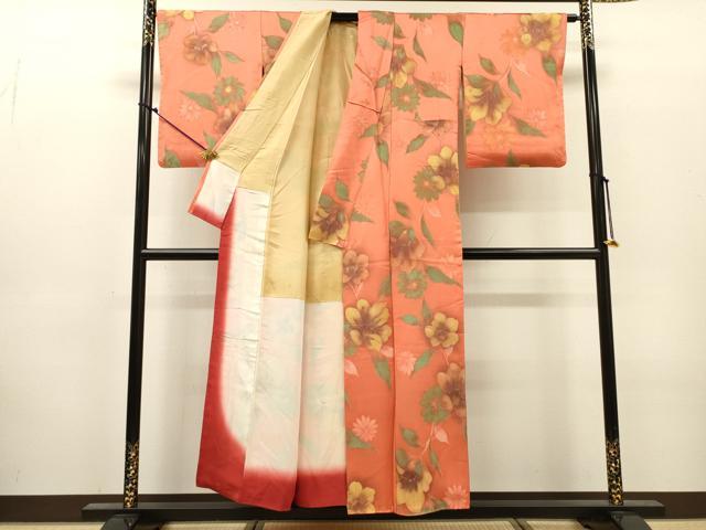 平和屋着物▼上質な小紋 地紋起こし 草花 暈し染 正絹 逸品 DABJ7344fe