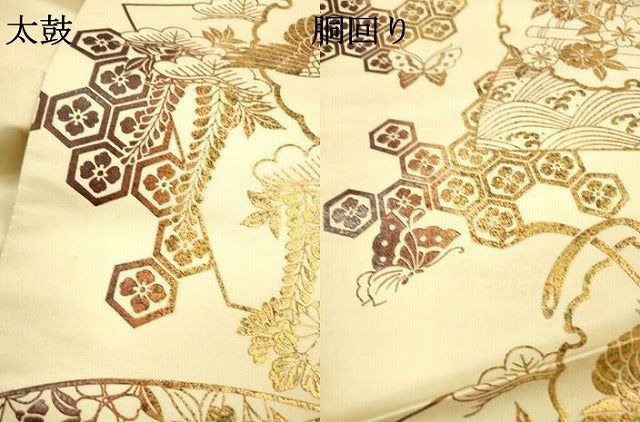 平和屋着物▼西陣 全通柄袋帯 雪輪吉祥花鳥文 金銀彩 証紙付き 正絹 逸品 未使用 DABJ7376fe
