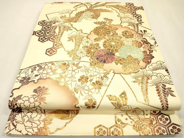 平和屋着物▼西陣 全通柄袋帯 雪輪吉祥花鳥文 金銀彩 証紙付き 正絹 逸品 未使用 DABJ7376fe