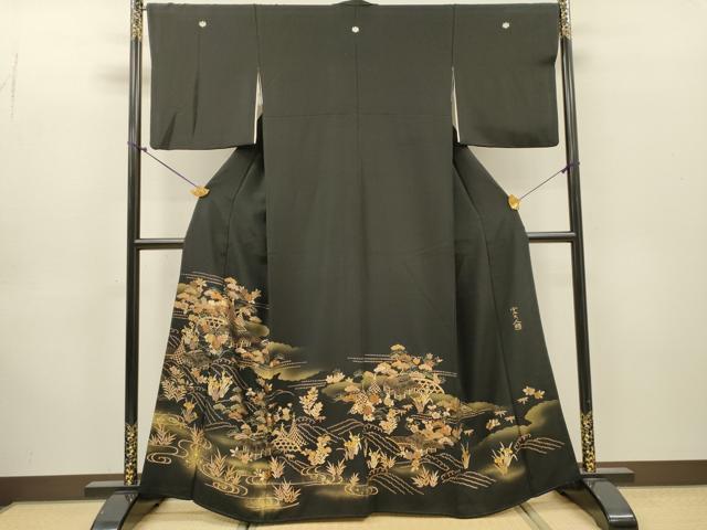 平和屋着物●京友禅作家 元橋宏太郎 黒留袖 風景花松文 金彩 正絹 逸品 DABJ7473fe