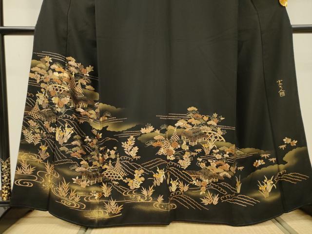 平和屋着物●京友禅作家 元橋宏太郎 黒留袖 風景花松文 金彩 正絹 逸品 DABJ7473fe
