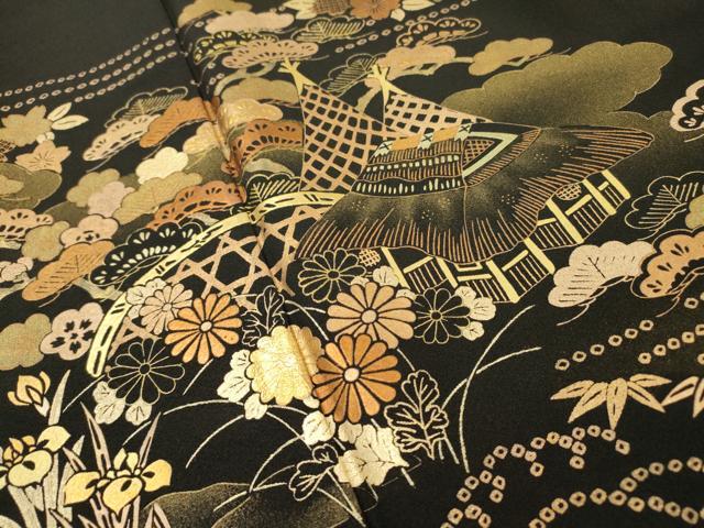 平和屋着物●京友禅作家 元橋宏太郎 黒留袖 風景花松文 金彩 正絹 逸品 DABJ7473fe