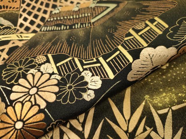 平和屋着物●京友禅作家 元橋宏太郎 黒留袖 風景花松文 金彩 正絹 逸品 DABJ7473fe
