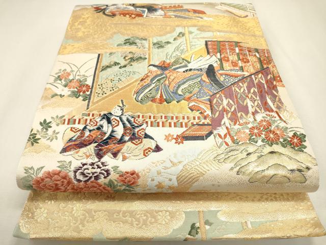 平和屋本店▼全通柄袋帯 宮廷重文姫人文 源氏洛中絵巻 本金箔二重織 正絹 逸品 DABJ7490fe