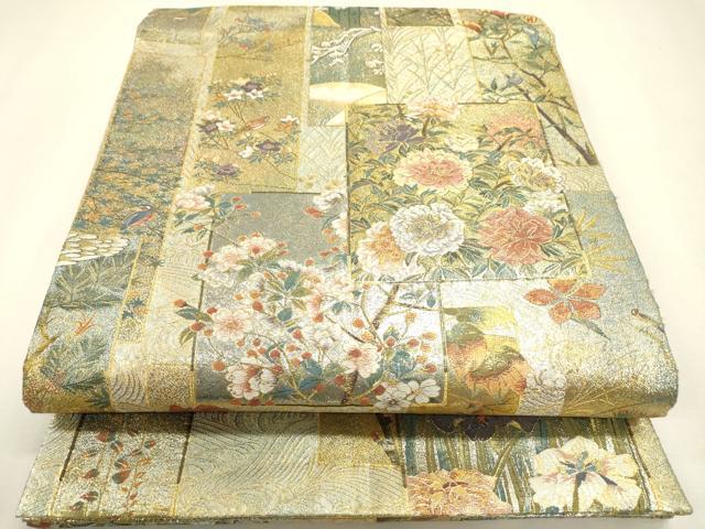 平和屋本店▼極上 両面 全通全景柄袋帯 近代花鳥画 日本美術名鑑 24金プラチナ 正絹 逸品 DABJ7512fe