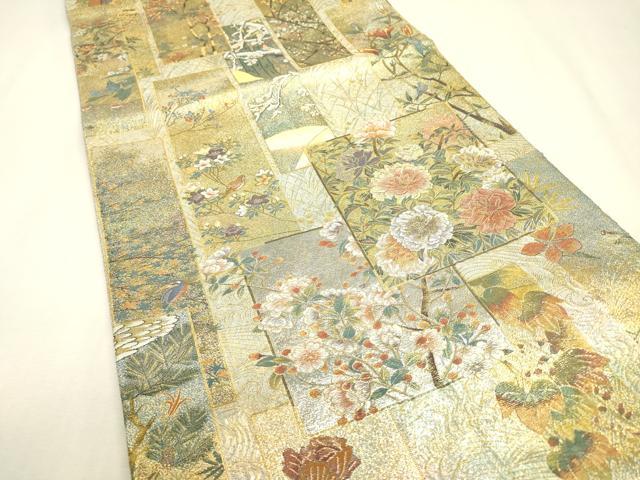 平和屋本店▼極上 両面 全通全景柄袋帯 近代花鳥画 日本美術名鑑 24金プラチナ 正絹 逸品 DABJ7512fe