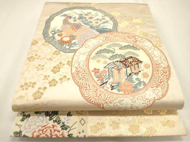 平和屋着物▼六通柄袋帯 光輝雅錦 花鳥絵皿文 金箔 正絹 逸品 DABJ7534fe