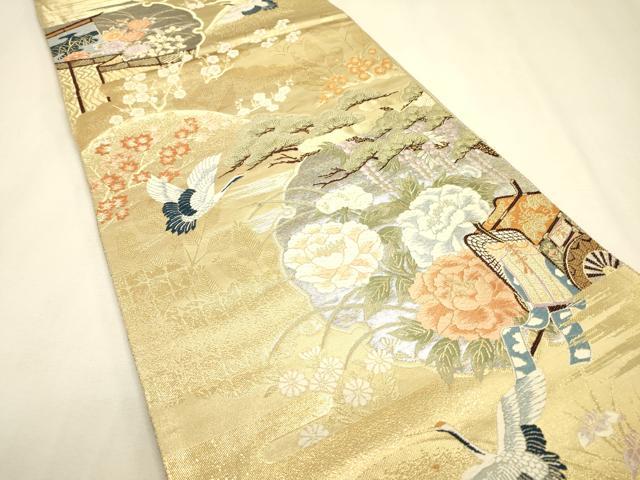 平和屋本店▼六通柄袋帯 唐織 飛鶴御所車花文 本金箔 正絹 逸品 DABJ7548fe