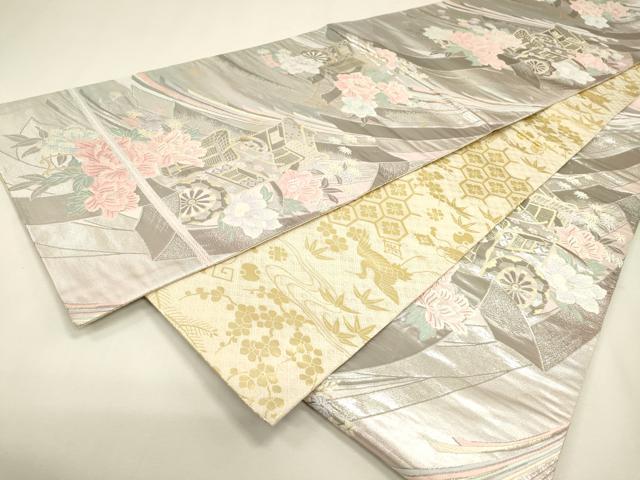 平和屋本店▼両面 六通柄袋帯 唐織 御所車花文 純金プラチナ箔 正絹 逸品 DABJ7551fe
