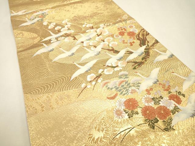 平和屋本店▼六通柄袋帯 唐織 流水群鶴梅文 本金二重箔 正絹 逸品 DABJ7558fe