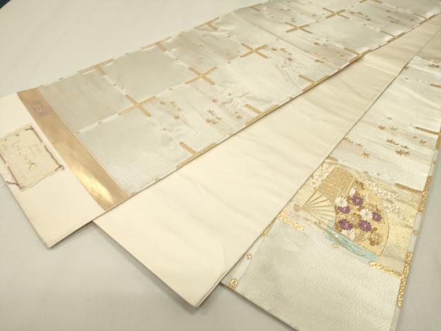 平和屋着物▼西陣 京の名門 じゅらく謹製 帝王紫 六通柄袋帯 扇面花文 金銀糸 証紙付き 正絹 逸品 未使用 DABJ7573fe