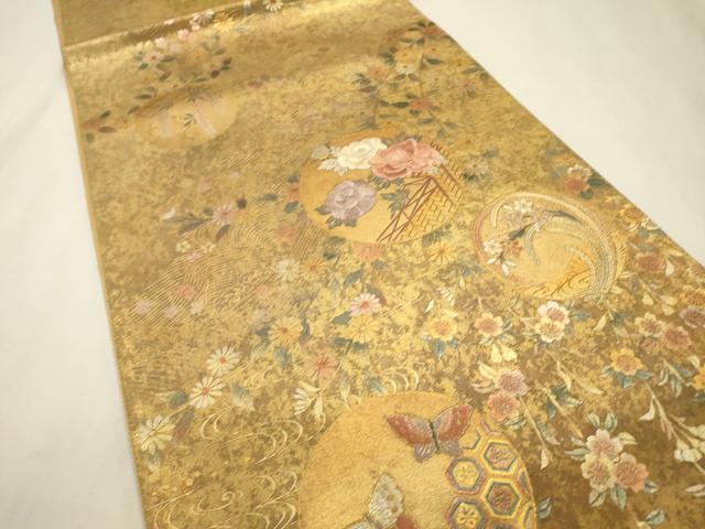 平和屋着物▼太鼓柄袋帯 京刺繍 駒刺繍 舞蝶花丸文 金銀彩 引箔 正絹 逸品 未使用 DABJ7582fe