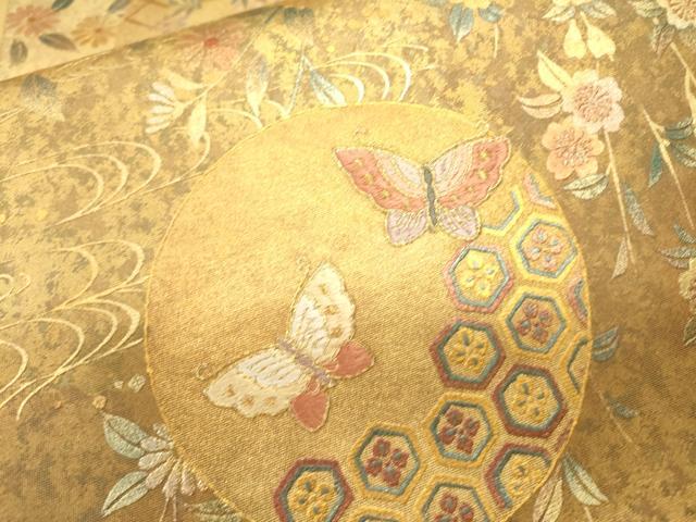 平和屋着物▼太鼓柄袋帯 京刺繍 駒刺繍 舞蝶花丸文 金銀彩 引箔 正絹 逸品 未使用 DABJ7582fe