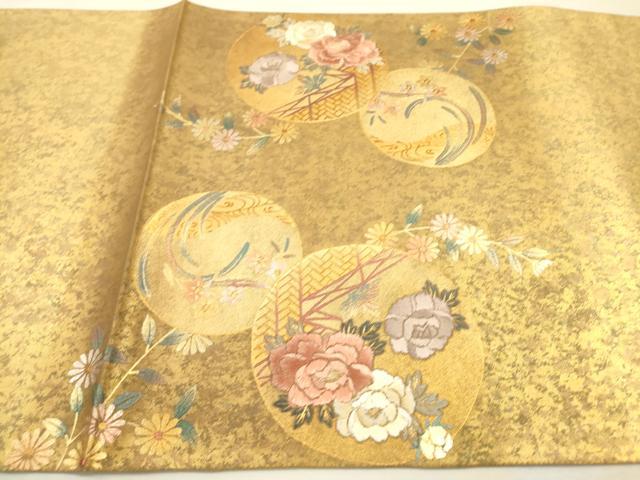 平和屋着物▼太鼓柄袋帯 京刺繍 駒刺繍 舞蝶花丸文 金銀彩 引箔 正絹 逸品 未使用 DABJ7582fe