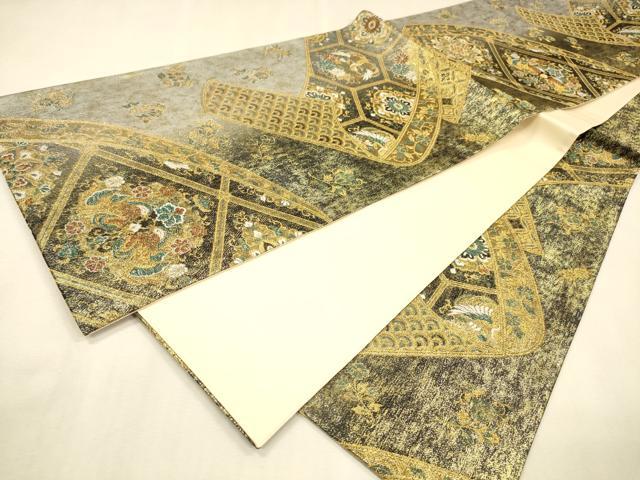 平和屋着物▼六通柄袋帯 光線プレリュード 向かい鳥正倉院花文 金銀糸 正絹 逸品 DABJ7608fe