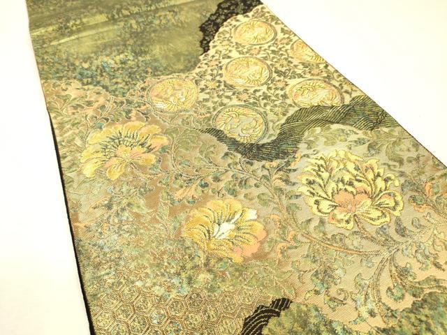 平和屋着物▼西陣 服部織物謹製 六通柄袋帯 こはく錦 手工芸 更紗花鳥唐草文 金糸 引箔 正絹 逸品 DABJ7613fe