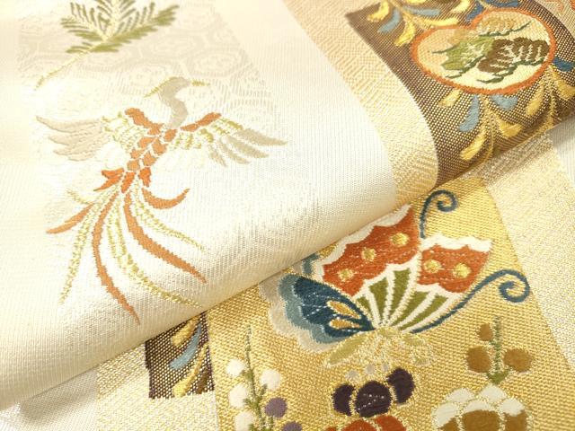 平和屋着物▼六通柄袋帯 唐織 短冊鳳凰花文 金銀糸 正絹 逸品 DABJ7720fe