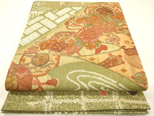 平和屋着物●中国三大刺繍 スワトウ刺繍 汕頭刺繍 六通柄袋帯 紬地 絞り 草花 金彩 正絹 逸品 DABJ7742fe