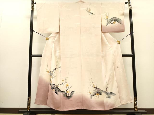 平和屋着物▼訪問着 作家物 手描き 枝梅 暈し染 正絹 逸品 DABJ7775fe