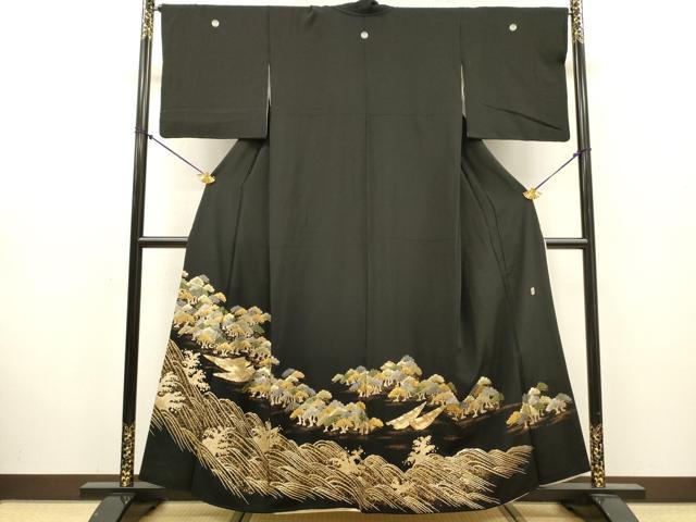 平和屋着物▼豪華黒留袖 作家物 駒刺繍 渡り舟立波松文 金彩 正絹 逸品 DABJ7779fe