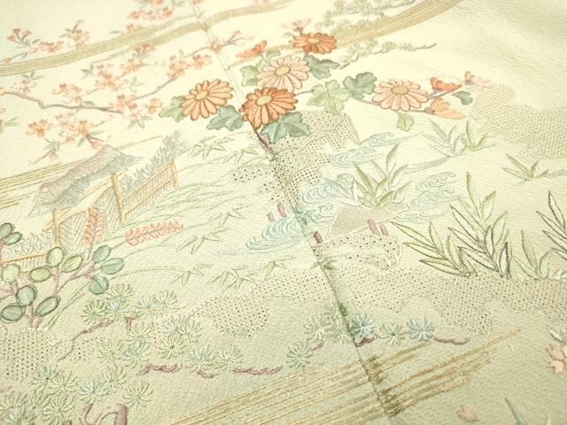 平和屋着物▼中国三大刺繍 スワトウ刺繍 汕頭刺繍 総刺繍 訪問着 水辺風景花文 暈し染 金糸 正絹 逸品 DABJ7783fe