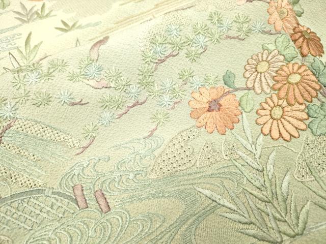平和屋着物▼中国三大刺繍 スワトウ刺繍 汕頭刺繍 総刺繍 訪問着 水辺風景花文 暈し染 金糸 正絹 逸品 DABJ7783fe