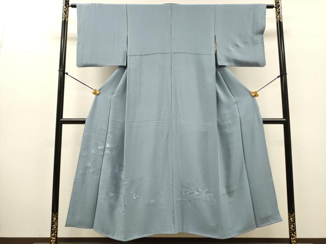 平和屋着物▼無地絵羽訪問着 総刺繍 風景文 秘色色 正絹 逸品 DABJ7785fe
