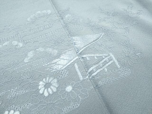 平和屋着物▼無地絵羽訪問着 総刺繍 風景文 秘色色 正絹 逸品 DABJ7785fe