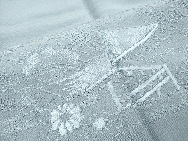 平和屋着物▼無地絵羽訪問着 総刺繍 風景文 秘色色 正絹 逸品 DABJ7785fe