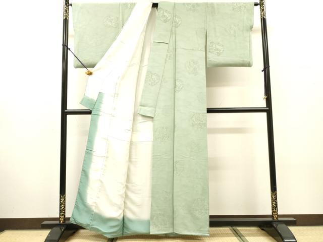 平和屋着物▼上質な色無地 葡萄蔦の葉地紋 千草鼠色 正絹 逸品 DABJ7804fe