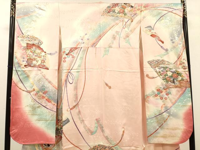 平和屋着物●豪華振袖 駒刺繍 花車飛鶴扇文 暈し染 金銀彩 正絹 逸品 DABJ7828fe
