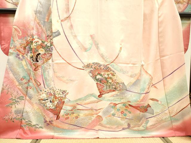 平和屋着物●豪華振袖 駒刺繍 花車飛鶴扇文 暈し染 金銀彩 正絹 逸品 DABJ7828fe
