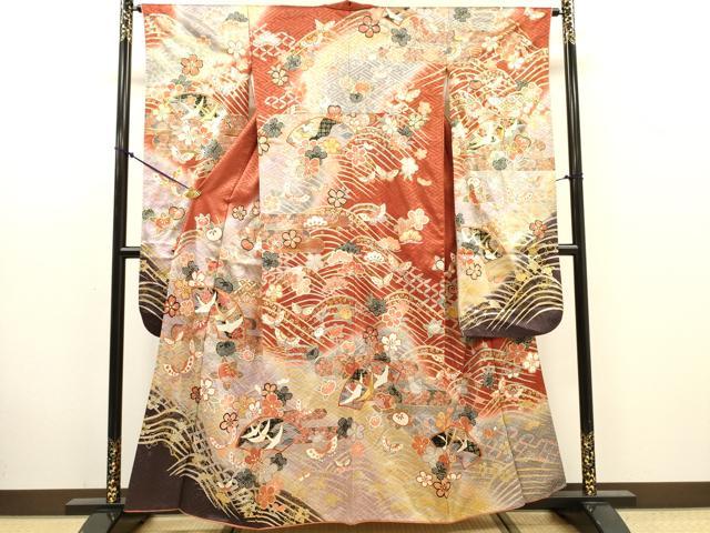 平和屋着物●豪華振袖 駒刺繍 飛鶴花文 暈し染 金銀彩 正絹 逸品 DABJ7830fe