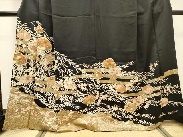 平和屋着物●訪問着 駒刺繍 貝合わせ花文 黒地 金彩 高島屋扱い 正絹 逸品 DABJ7846fe