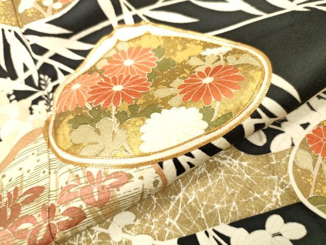 平和屋着物●訪問着 駒刺繍 貝合わせ花文 黒地 金彩 高島屋扱い 正絹 逸品 DABJ7846fe