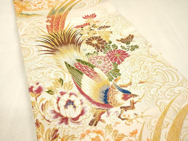 平和屋着物▼アンティーク 大正ロマン 丸帯 花鳥文 御所車飛鶴文 金糸 正絹 逸品 DABJ7898fe