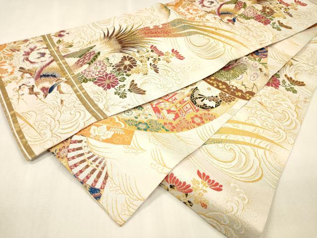 平和屋着物▼アンティーク 大正ロマン 丸帯 花鳥文 御所車飛鶴文 金糸 正絹 逸品 DABJ7898fe