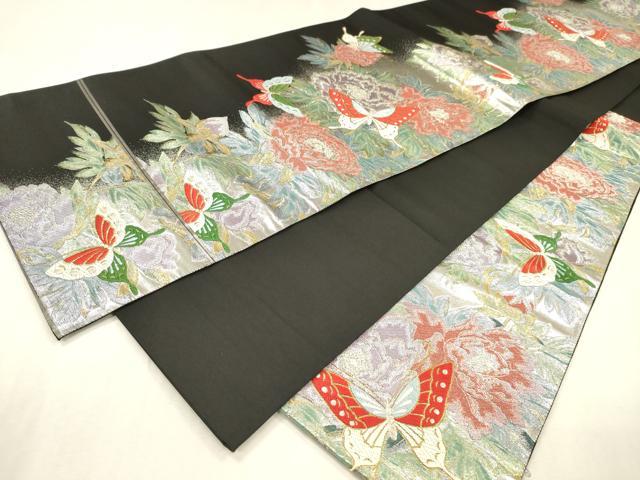平和屋着物▼六通柄袋帯 唐織 能衣蝶の牡丹 黒地 金銀糸 正絹 逸品 DABJ7939fe
