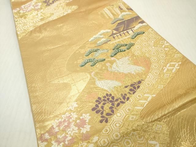 平和屋着物▼六通柄袋帯 唐織 群鶴吉祥花松文 金銀糸 正絹 逸品 DABJ7956fe