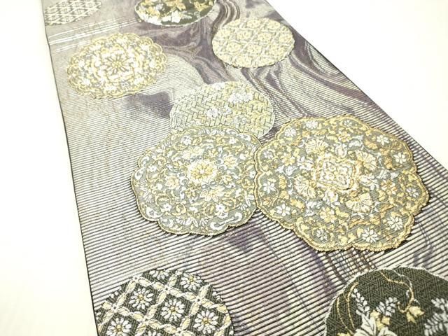 平和屋着物▼六通柄袋帯 紙布 花絵皿 金銀糸 正絹 逸品 DABJ7967fe