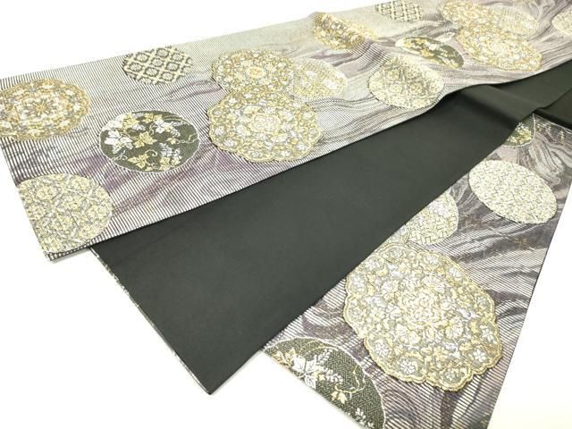 平和屋着物▼六通柄袋帯 紙布 花絵皿 金銀糸 正絹 逸品 DABJ7967fe