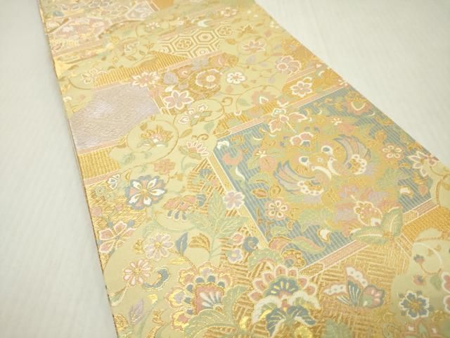 平和屋着物▼六通柄袋帯 唐織 向かい鳥更紗花唐草文 金糸 正絹 逸品 未使用 DABJ7973fe