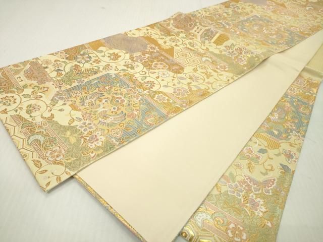 平和屋着物▼六通柄袋帯 唐織 向かい鳥更紗花唐草文 金糸 正絹 逸品 未使用 DABJ7973fe