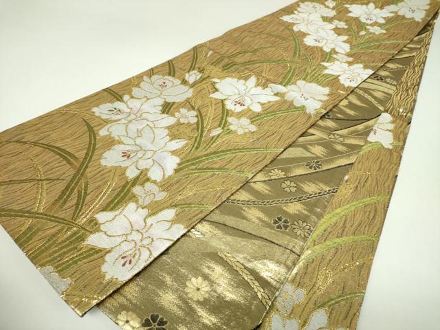 平和屋着物▼両面 六通柄袋帯 草花文 金糸 正絹 逸品 DABJ8025ps