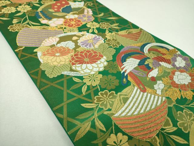 平和屋着物▼六通柄袋帯 唐織 舞蝶鳳凰糸車花文 金銀糸 正絹 逸品 DABJ8036ps